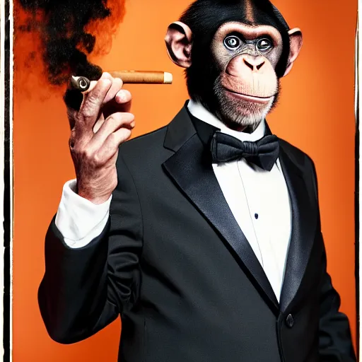 Prompt: A photograph of a chimp godfather, wearing a tuxedo, smoking cigar, dark background, studio lighting