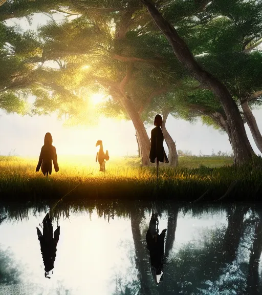 Prompt: three humans with a reflection of three crows in a little boat in a swamp, volumetric lighting, fog, majestic light, octane render, ethereal glare of the sun, hyperrealistic, epic, masterpiece, by makoto shinkai