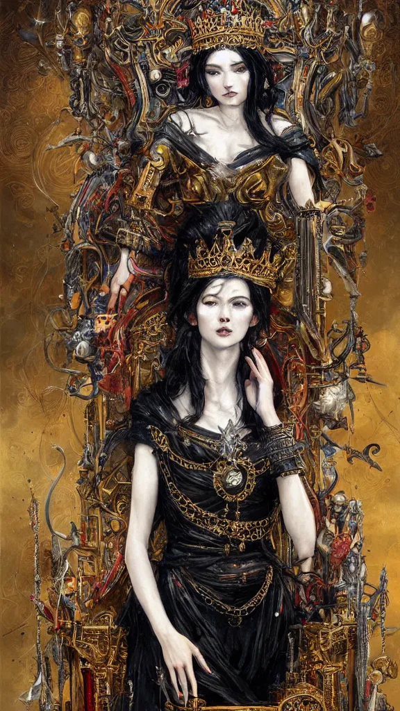 Image similar to painting of a beautiful black haired woman with pale skin and a crown on her head sitted on an intricate metal throne, illustration, artistic, colorful, hyper detailed, in the style of greg rutkowski,