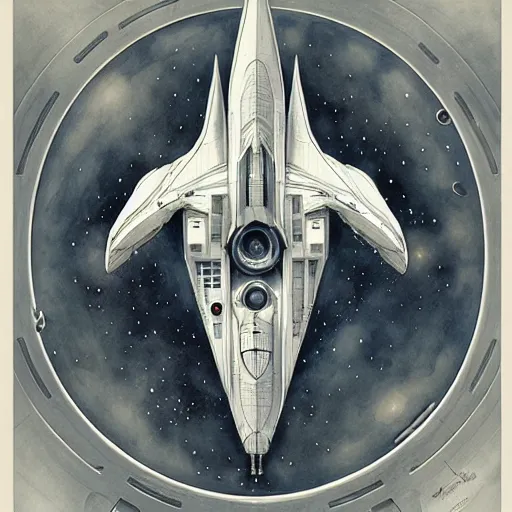 Image similar to design only, white background, symmetry, starship enterprise, by jean - baptiste monge