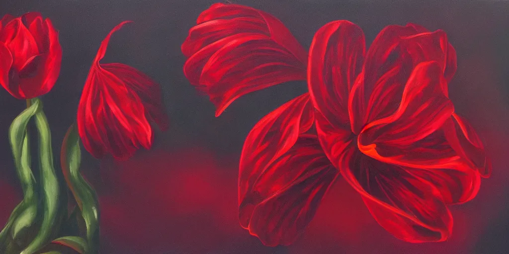 Image similar to a chiaroscuro oil painting of a infinity recursive red flower