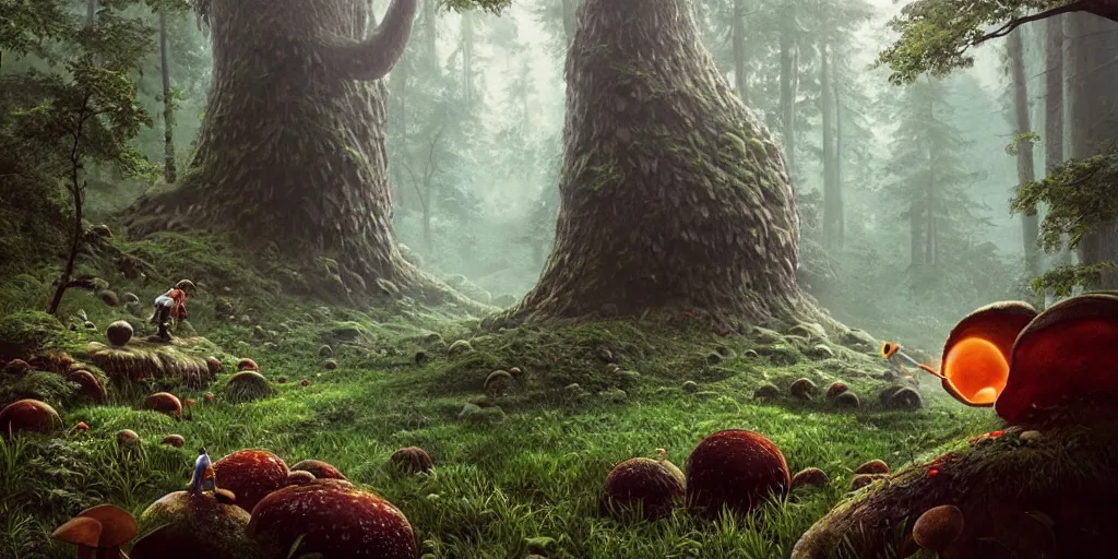 Image similar to Artwork by Filip Hodas of the cinematic view of the Forest of the Giants, a troll is eating a giant mushroom.