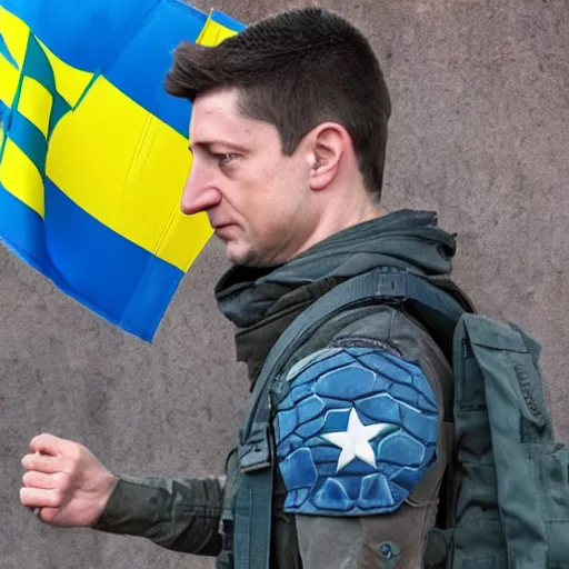 Image similar to Volodimir Zelensky as captain america holding an ukrainian flag on an urban battle field