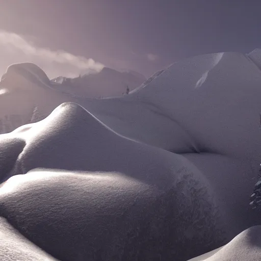 Image similar to beautiful snow covered mountains, dynamic lighting, snowfall, 4k, 8k, octane render, unreal engine, trending on artstation