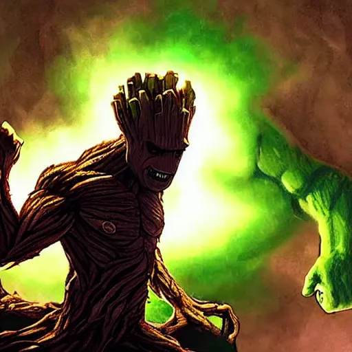 Prompt: imagine groot as hulk hd, fine, dynamic lighting,