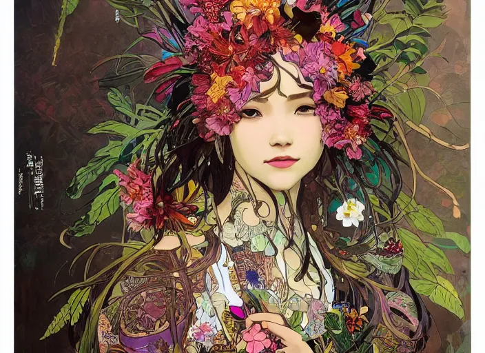 Image similar to oil painting, long shot, beautiful floralpunk iban bio mechanical female illustration detailed patterns art of sarawak traditional dress, flower pop art, floral splash painting, art by ashley wood, alphonse mucha, makoto shinkai, geof darrow, dark shadow