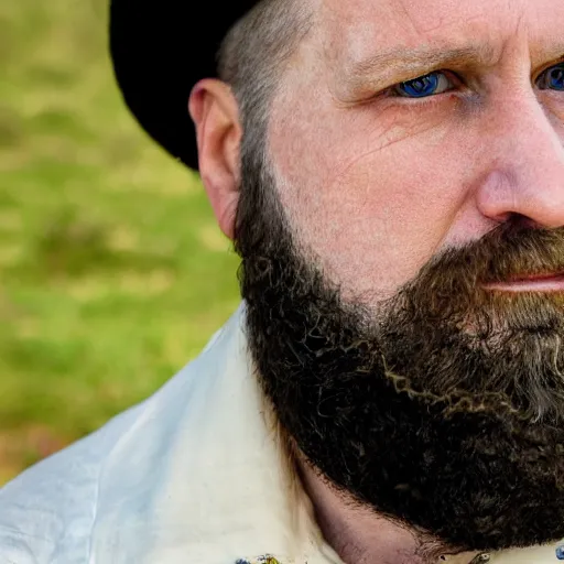 Prompt: close up of face of middle aged balding blond man with a beard and mutton chops, short wavy hair, green eyes, gilded age soldier, portrait, 4 k