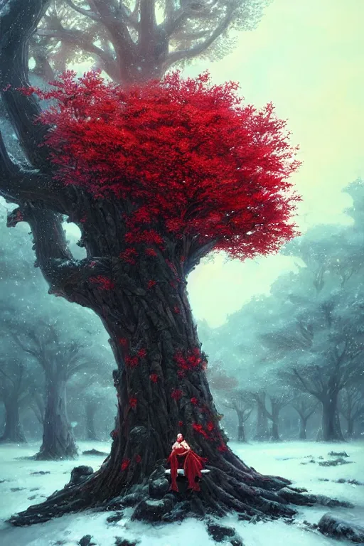 Prompt: giant tree in snow with red flowers, leaves falling, warrior sitting under the tree, unreal engine, fantasy art by greg rutkowski, loish, rhads, ferdinand knab, makoto shinkai and lois van baarle, ilya kuvshinov, rossdraws, tom bagshaw, global illumination, radiant light, detailed and intricate environment