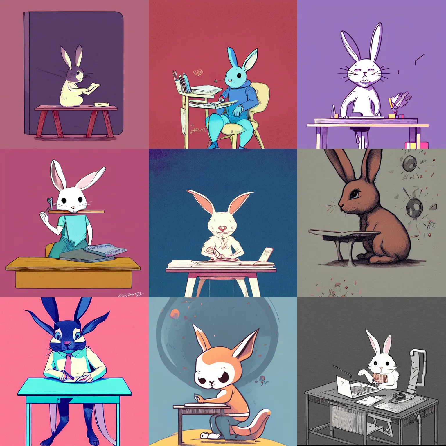 Prompt: a cute cartoon rabbit sitting at a desk writing on a notebook, concept art, llustration, concept art by josan gonzales and wlop, by james jean, Victo ngai, David Rubín, Mike Mignola, Laurie Greasley, highly detailed, sharp focus, Trending on Artstation, HQ, deviantart, art by artgerm