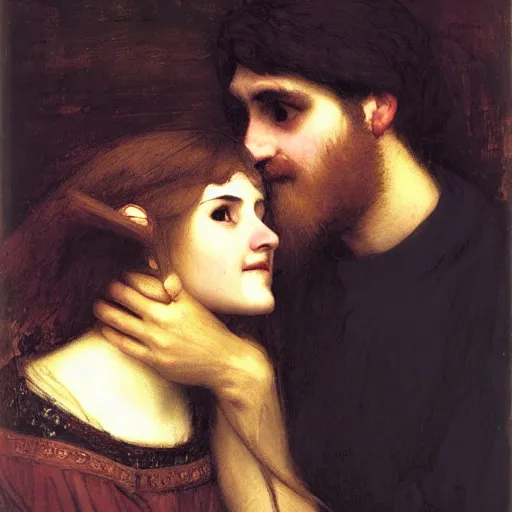 Prompt: woman with black hair and man with long blonde hair embrace while smiling, john william waterhouse, soft lighting, romantic, love