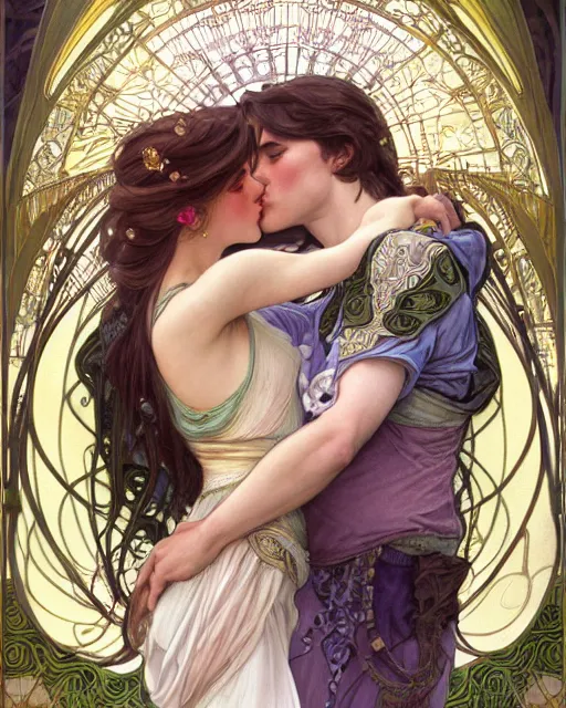 Image similar to the kiss | highly detailed | very intricate | art nouveau | gold filigree | romantic storybook fantasy | soft cinematic lighting | award - winning | professional portraiture | disney concept art watercolor illustration by mandy jurgens and alphonse mucha and alena aenami | pastel color palette | featured on artstation