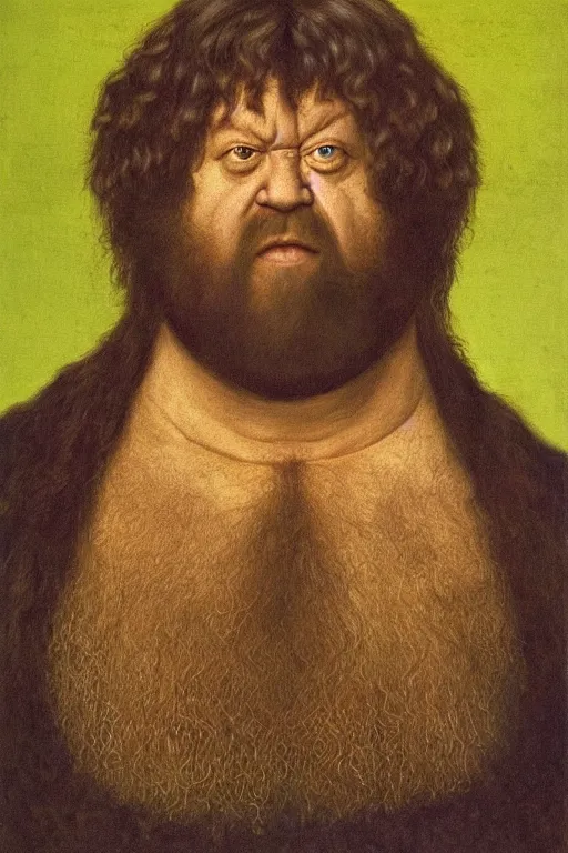 Image similar to portrait of hulking herculean bodybuilder hagrid, oil painting by jan van eyck, northern renaissance art, oil on canvas, wet - on - wet technique, realistic, expressive emotions, intricate textures, illusionistic detail