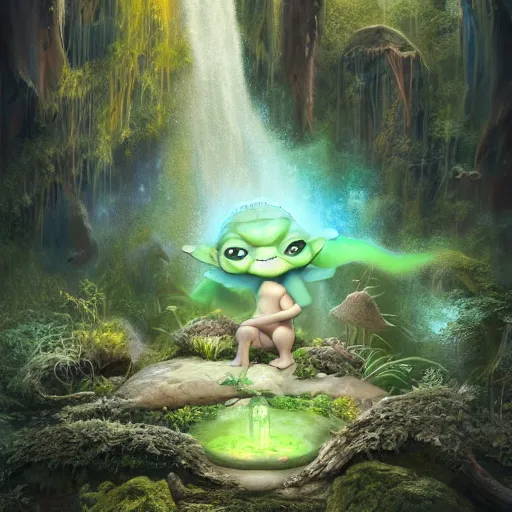 Prompt: tom bagshaw, beautiful baby yoda, mythical shrine, soft painting render curiosities carnival pond river vegetation rocks bugs wildlife mushrooms covered moss bioluminescent wisps, beautiful stunning waterfall, accurate features, focus, very intricate ultrafine details, random volumetric lighting, fog, award winning masterpiece, octane render 8 k hd, artstation