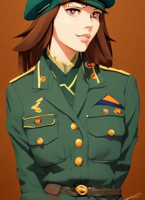 Prompt: portrait bust of young woman with light brown hair and hazel eyes dressed in a sharp dark teal military uniform with beret, saluting, smiling at camera, ilya kuvshinov, loish, anime, artstation trending, digital art