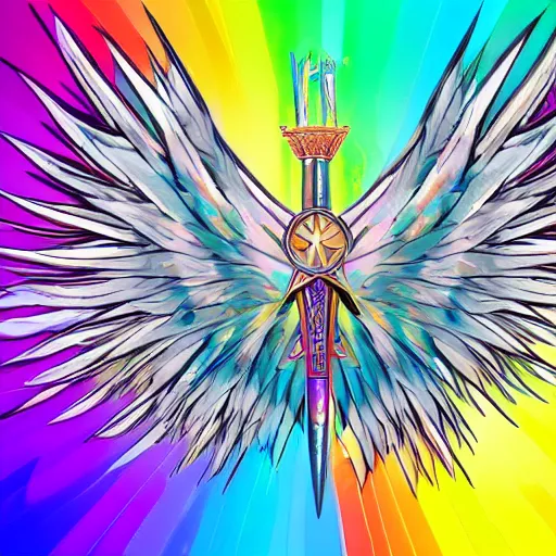 Image similar to medieval weapon, long spear with feathered wings on the tip, prismatic, multi colored feathers, anime style, white background, full body shot