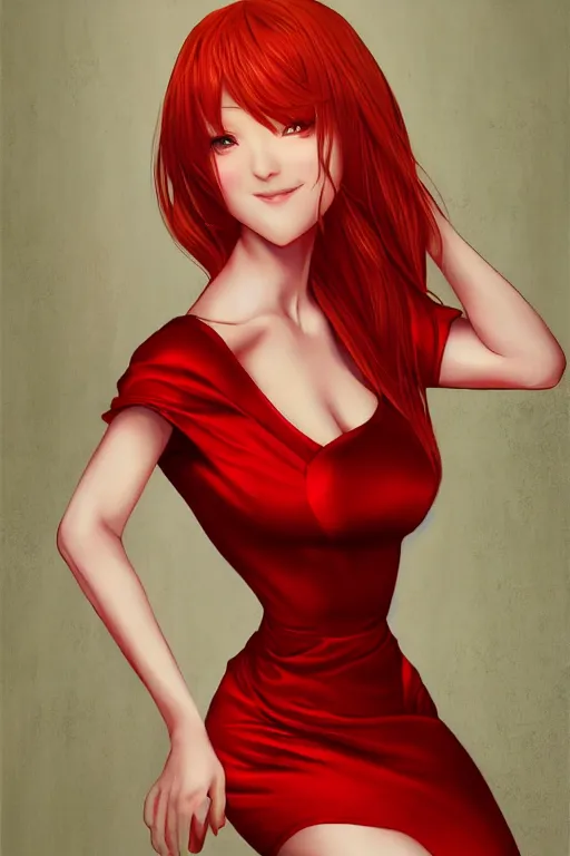 Image similar to Beautiful ginger portrait, short red satin dress by Artgerm and WLOP, Pixiv