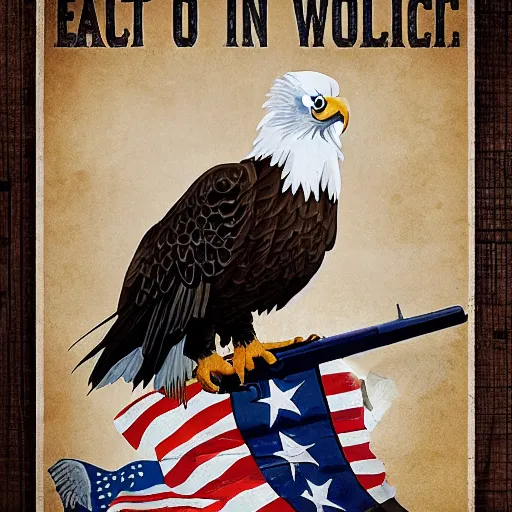 Prompt: bald eagle with guns, poster, badass, patriotic, gritty