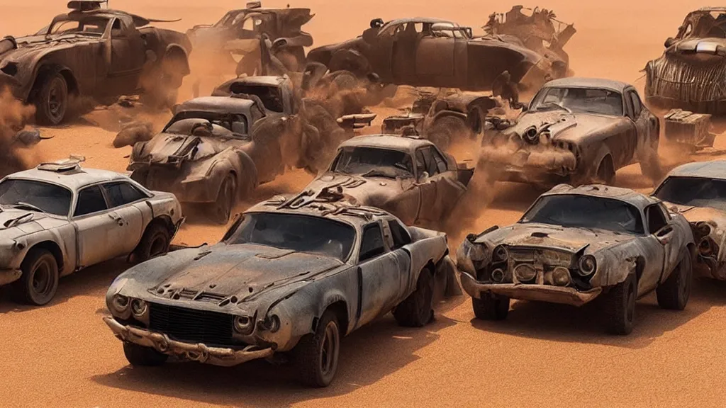 Image similar to mad max cars in a pixar movie