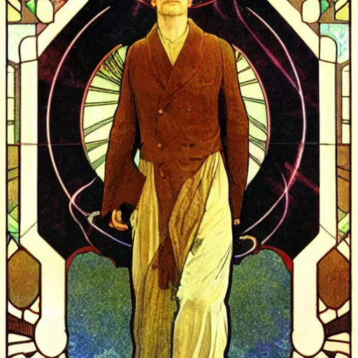 Image similar to thomas newton, the man who fell to earth, mucha style,