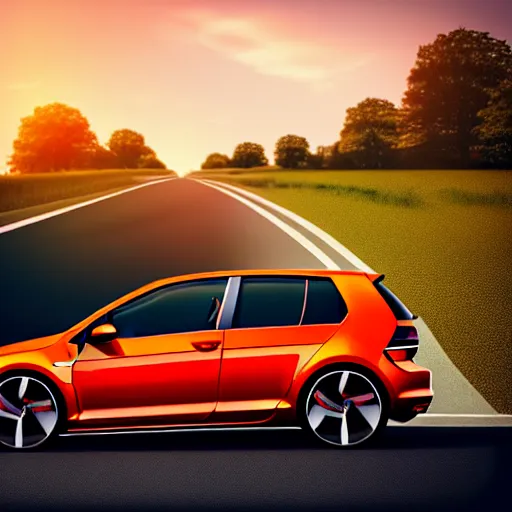 Image similar to a car VW Golf GTI in middle of road, Germany, city sunset, cinematic color, photorealistic, highly detailed, bokeh