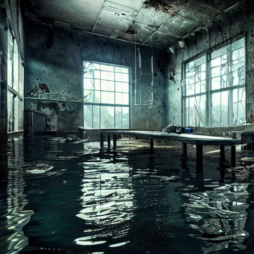 Image similar to flooded, desecrated, abandoned, science lab, ultra realistic, concept art, intricate details, eerie, highly detailed, photorealistic, octane render, 8 k, unreal engine, art by ben evrard