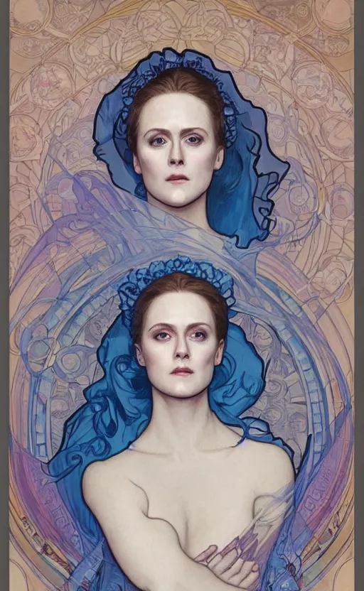 Image similar to delores ( evan rachel wood ) from westworld in blue dress as a goddess in alfons mucha style, highly detailed, pastel colors, smooth lines ， artgerm, artstation