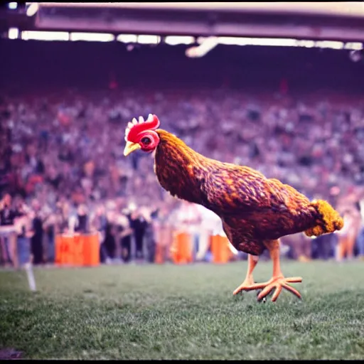 Image similar to the famous funky chicken runs across a football field, interrupting the big game, 3 5 mm