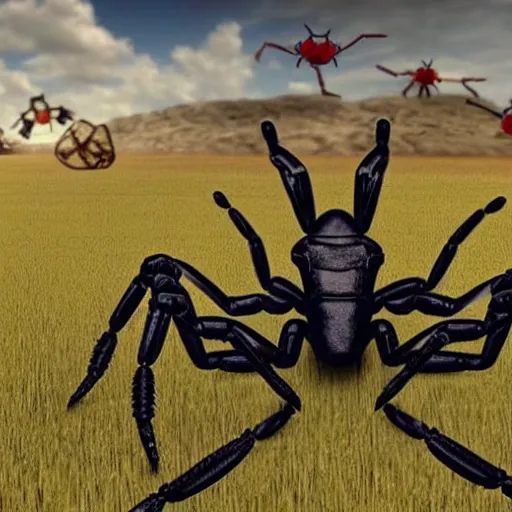 Image similar to a mechanical scorpion in a field surrounded by nanobots