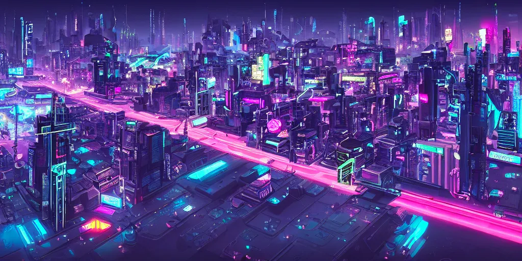 Prompt: cyberpunk city, sprawling heights, neon lights and flying cars