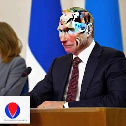 Prompt: press photo annie leonhart, vladimir putin hold joint press conference in biarritz, press conference, zeiss 1 5 0 mm, sharp focus, natural lighting, ultra realistic, high definition 4 k photo, g 7 summit press photos