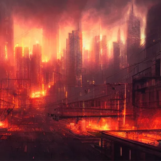 Prompt: dystopian cityscape on fire at night by michael kirkbride, high detail, very intricate, 4 k, 8 k, artstation, video game concept art