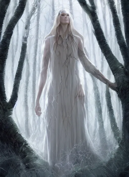 Prompt: birch treefolk white witch, digital painting, trending on artstation, concept art, sharp focus, illustration, award winning photograph, art by artgerm, greg rutkowski, and magali villeneuve