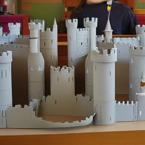 Prompt: castle made out of cardboard tube, photorealistic, 4 k, canon 1 d, classroom in background