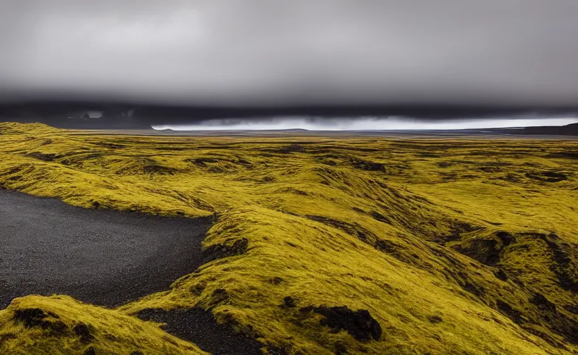 Image similar to icelandic landscape, moody, cinematic, muted colors,