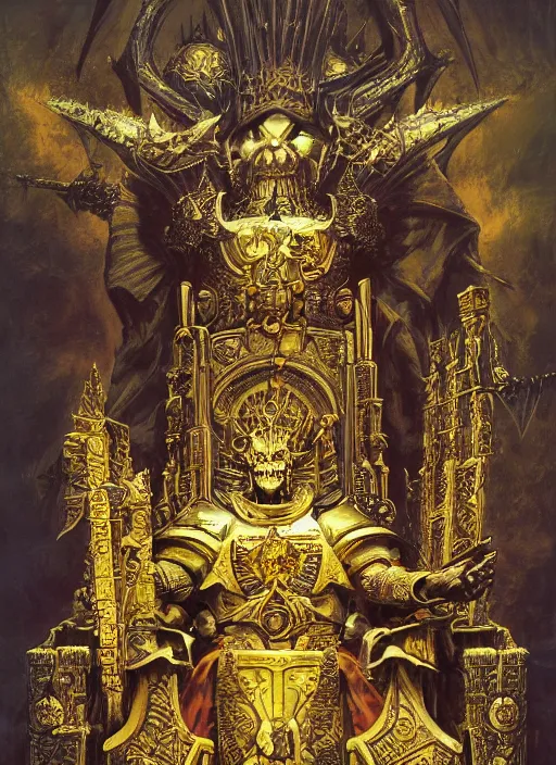 Image similar to omnious academic drawing of wh40k undead but still regal and kingly Emperor of Mankind sits on his enormous golden throne by James Gurney, Zdislaw Beksinski, Alex Gray, Greg Rutkowski, Robert McCall