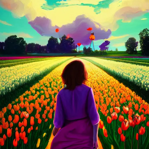 Image similar to large tulip as a face, girl walking in a flower field, surreal photography, sunrise dramatic light, impressionist painting, colorful clouds, digital painting, artstation, simon stalenhag