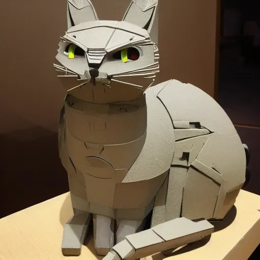 Prompt: a cat sitting on top of a robot suit, a statue by Studio Ghibli, featured on reddit, mingei, made of cardboard, sci-fi, futuristic