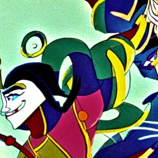 Prompt: Film still, animation frame of the trickster god Loki playing a trick on princess, from the Disney animated film, Valhalla (1996)