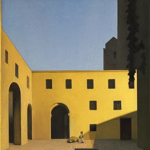 Image similar to in the distance, a little girl with short black hair and wearing a yellow coat alone in the inner courtyard of an abbey, the light is bright and wintry, painting by hopper and de chirico