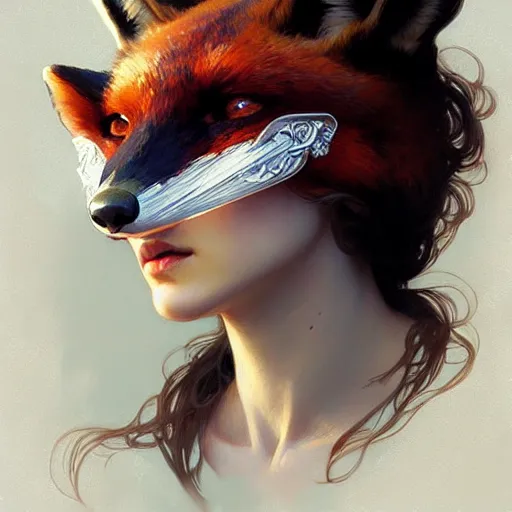 Image similar to A girl wearing a fox mask, face, detailed, intricate, elegant, highly detailed, digital painting, artstation, concept art, smooth, sharp focus, illustration, art by Krenz Cushart and Artem Demura and alphonse mucha