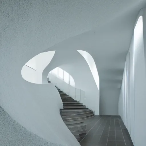 Prompt: a large room with minimalist architecture, partially flooded by blue green water, liminal space, made of all white ceramic tiles, surreal, curving hallways, rounded ceiling, stairs,