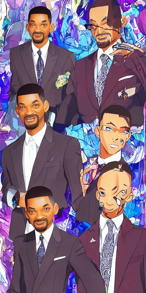 Image similar to will smith wearing luxury suits as a gacha game rare character, cartoon, anime, trend in pixiv, cool color pattern