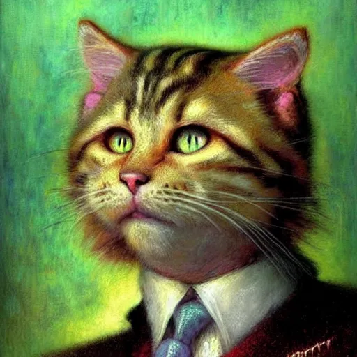 Image similar to portrait fluffy tabby cat feline with green human eyes wearing a suit. shadowrun furaffiniy furry art cyberpunk fantasy highly detailed painting by gaston bussiere craig mullins jc leyendecker gustav klimt artgerm greg rutkowski john berkey, bergey, craig mullins, ruan jia, raymond swanland, jeremy mann, tom lovell, alex malveda