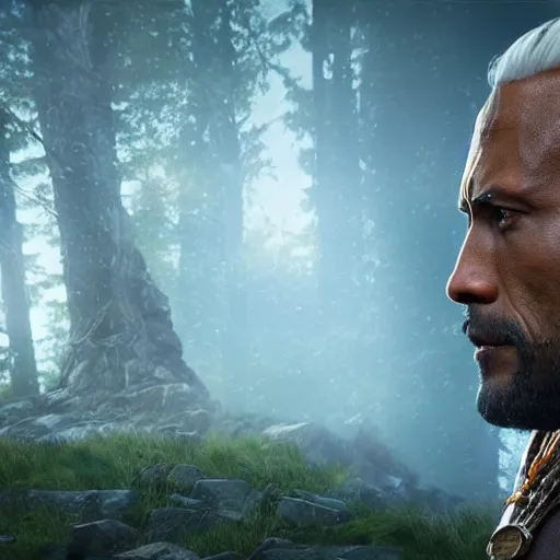 Image similar to a digital art portrait of dwayne johnson as ancient druid mage, dark souls witcher character sheet, 4 k, ultra detail, volumetric lighting, unreal engine, octane render