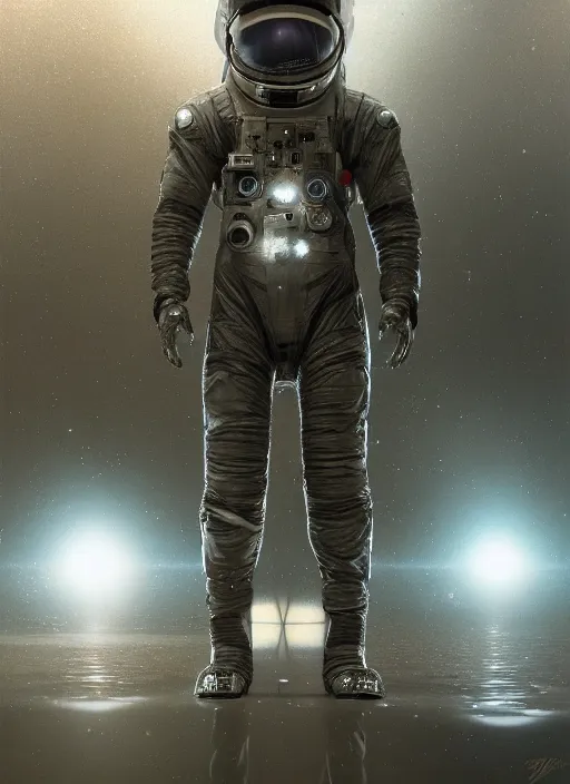 Image similar to symmetry concept art by craig mullins astronaut in futuristic dark and empty spaceship underwater. infrared glowing lights. complex and hyperdetailed technical suit. reflection and dispersion materials. rays and dispersion of light. volumetric light. 5 0 mm, f / 3 2. noise film photo. flash photography. unreal engine 4, octane render. interstellar movie art