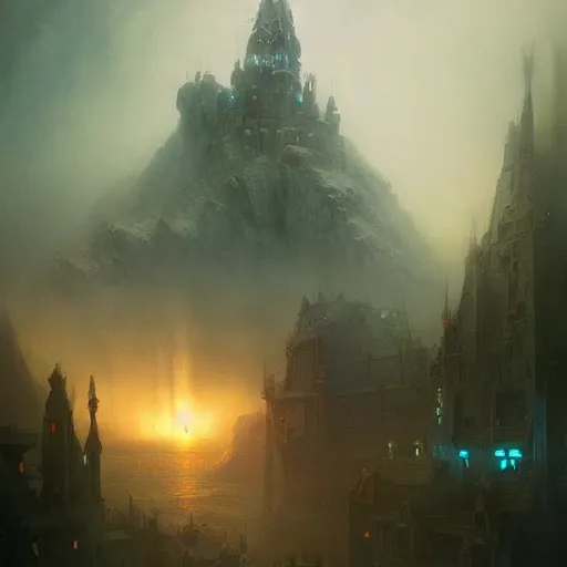 Prompt: ''cinematic shot'' a dwarf castle cyberpunk style sci - fi art syle realistic atmosferic cloudy made by ivan aivazovsky, peter mohrbacher, greg rutkowski volumetric light effect broad light oil painting painting fantasy art style sci - fi art style realism premium prints available artwork unreal engine