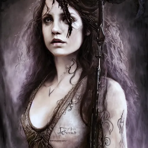 Image similar to oil art of Hermione in tattoos conjuring with a magic wand, by luis royo art, dressed beautiful gown, beautiful eyes, Beautiful face, by Aggi Erguna, high detail, high resolution, art from harry potter, by David Lazar and Annie Leibovitz 500px photos, top cinematic lighting , cinematic mood, very detailed