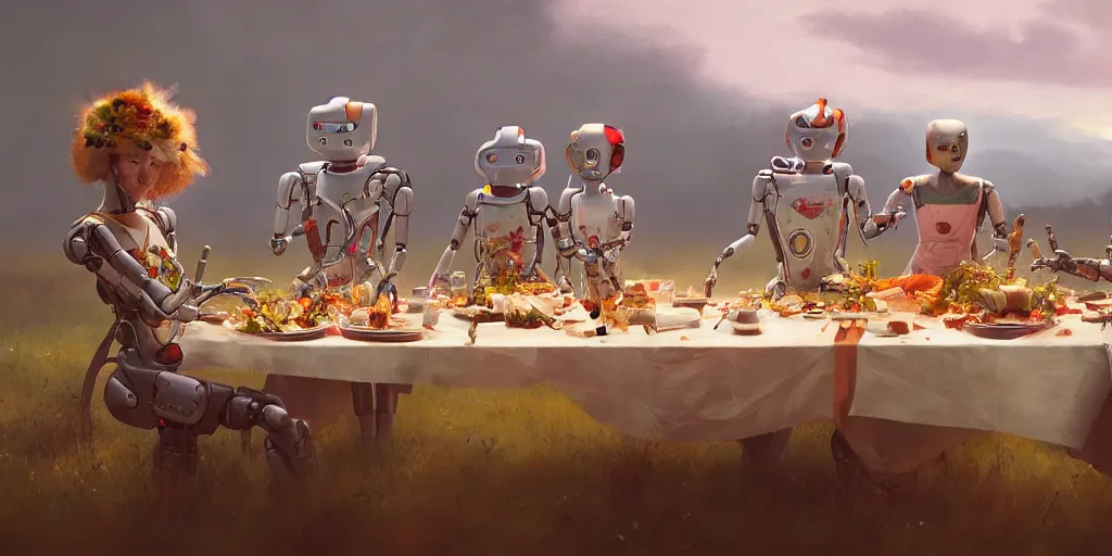 Image similar to a table dinner of robots where robots are dressed like the characters from the midsommar movie, sharp focus, wide shot, trending on artstation, masterpiece, by greg rutkowski, by ross tran, by fenghua zhong, octane, soft render, ultrarealistic, colorful, cinematic