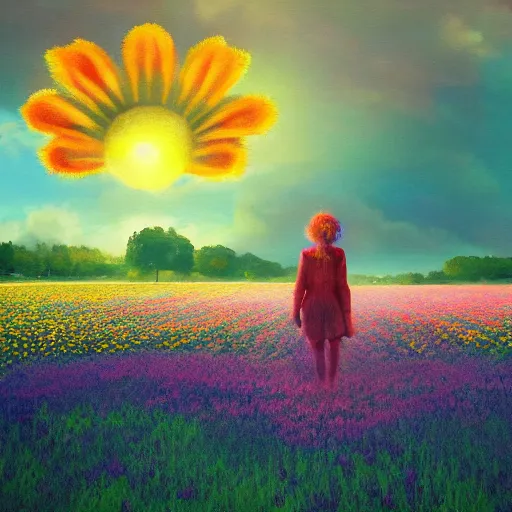 Prompt: giant flower as a head, girl walking in flower field, surreal photography, sunrise, dramatic light, impressionist painting, colorful clouds, digital painting, artstation, simon stalenhag