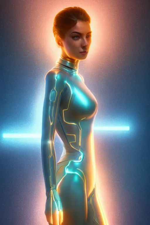 Image similar to ultra realist render of a beautiful female mage wearing a luminescent bodysuit in a Tron universe, reflections, focus, detailed, realistic eyes, symmetric body features proportions, golden ratio face, intricate facial skin details, award winning, trending in cgsociety artstation deviant art, octane render, boris Vallejo and Tom Bagshaw